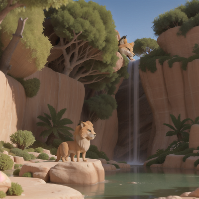 Image For Post Anime, desert oasis, fox, camera, waterfall, lion, HD, 4K, AI Generated Art