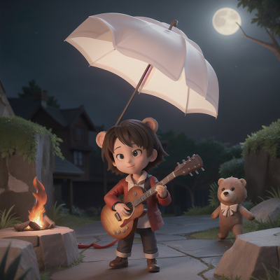 Image For Post Anime, moonlight, musician, umbrella, bear, fire, HD, 4K, AI Generated Art