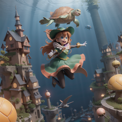 Image For Post Anime, turtle, jumping, witch, underwater city, futuristic metropolis, HD, 4K, AI Generated Art