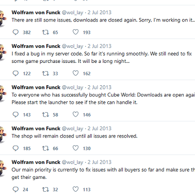 Image For Post | More poor programming and lack of diligent testing leading to Wollay shooting himself in the foot by overloading his website. He will later claim this was a "DDoS."