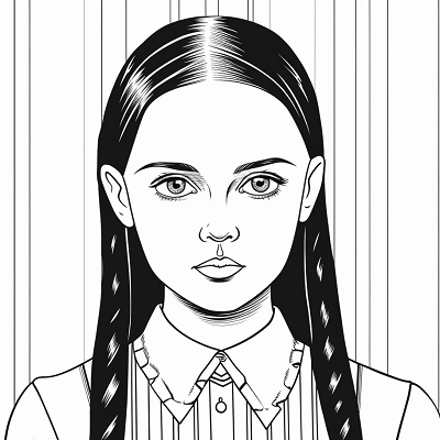 Image For Post | Wednesday Addams depicted in a stunning portrait style; uses smooth outlines and detailed shading. printable coloring page, black and white, free download - [Wednesday Addams Coloring Book Pages ](https://hero.page/coloring/wednesday-addams-coloring-book-pages-fun-coloring-for-all-ages)