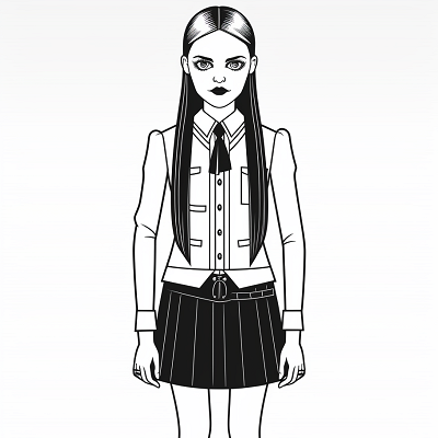 Image For Post | Full-length image of Wednesday Addams; clean lines and simple shapes. printable coloring page, black and white, free download - [Wednesday Addams Coloring Pages ](https://hero.page/coloring/wednesday-addams-coloring-pages-kids-and-adult-relaxation)