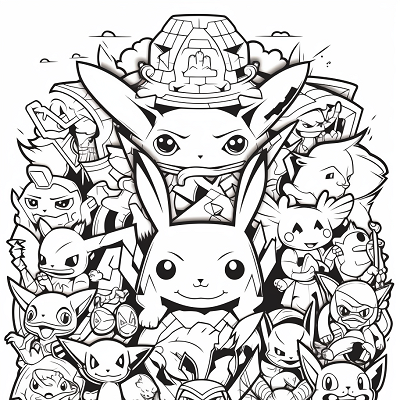 Image For Post | Pokemon gathering featuring Pikachu; prominent individual Pokemon attributes and strong outlines. printable coloring page, black and white, free download - [Cool Drawings of Pokemon Coloring Pages ](https://hero.page/coloring/cool-drawings-of-pokemon-coloring-pages-kids-and-adults-fun)
