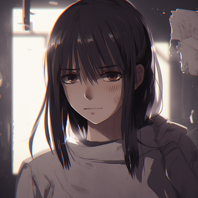Image For Post | Mikasa Ackerman looking distressed, detailed linework and dark contrasting high-quality anime sad pfps - [Anime Sad Pfp Central](https://hero.page/pfp/anime-sad-pfp-central)