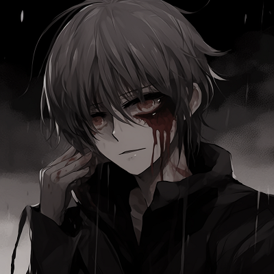 Image For Post | Close-up of Kaneki's face under despair, expressed in grey tones with a red accent. exclusive anime pfp sad images pfp for discord. - [anime pfp sad Series](https://hero.page/pfp/anime-pfp-sad-series)