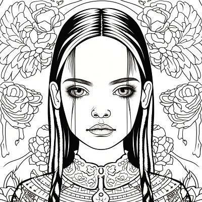 Image For Post | Detailed image of Wednesday Addams with an interesting pattern backdrop. printable coloring page, black and white, free download - [Wednesday Addams Coloring Book Pages ](https://hero.page/coloring/wednesday-addams-coloring-book-pages-fun-coloring-for-all-ages)