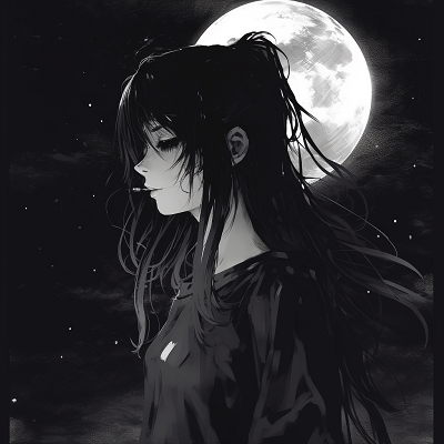Image For Post | Character shown under the vast night sky, her profile intricately outlined against the moon. melancholic pfp selections - [Depressed Anime PFP Collection](https://hero.page/pfp/depressed-anime-pfp-collection)
