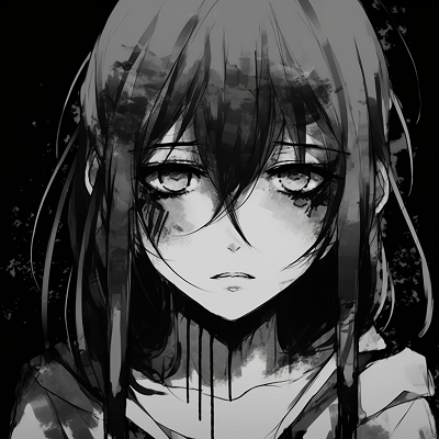 Image For Post | Portrait of an anime character with ink wash technique lending a grungy feel to it. grunge anime black and white pfp - [anime black and white pfp collection](https://hero.page/pfp/anime-black-and-white-pfp-collection)