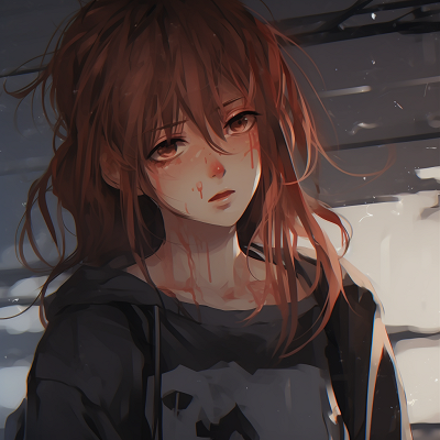 Image For Post | Depicts a tearful red-haired girl, soft lines and delicate colors. suggestive anime sad pfps - [Anime Sad Pfp Central](https://hero.page/pfp/anime-sad-pfp-central)