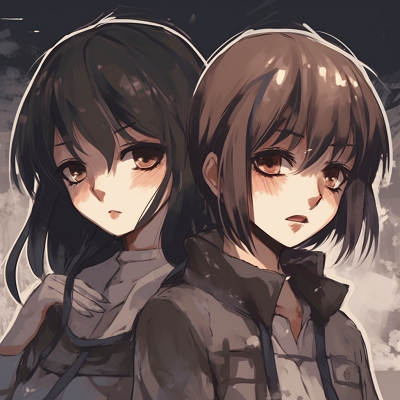 Image For Post | Mikasa and Eren's full body shots, with emphasis on their battle gear and muted color palette. anime inspired matching pfp for two friends - [matching pfp for 2 friends anime](https://hero.page/pfp/matching-pfp-for-2-friends-anime)