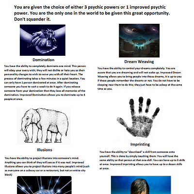 Image For Post 3 psychic powers or 1 improved psychic power CYOA by ArmoredKappa