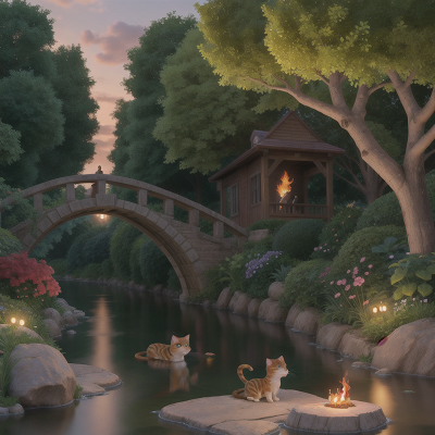 Image For Post Anime, fairy dust, river, fire, garden, cat, HD, 4K, AI Generated Art