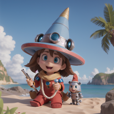 Image For Post Anime, beach, wizard's hat, teleportation device, robotic pet, flute, HD, 4K, AI Generated Art