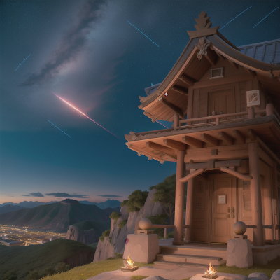 Image For Post Anime, confusion, camera, meteor shower, mountains, temple, HD, 4K, AI Generated Art