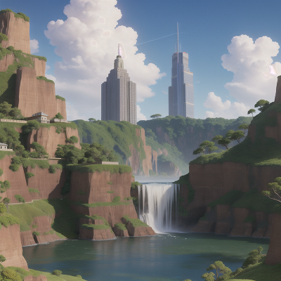 Image For Post Anime, shield, skyscraper, island, telescope, waterfall, HD, 4K, AI Generated Art