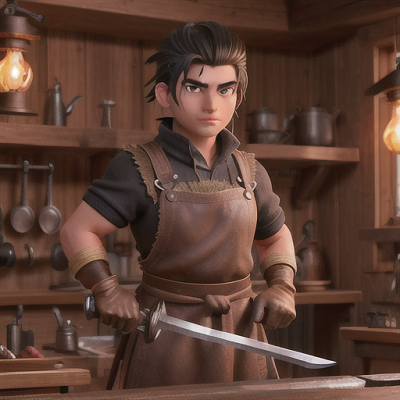 Image For Post Anime Art, Resourceful blacksmith young man, muscular build with raven hair tied back, in a bustling craftsman village