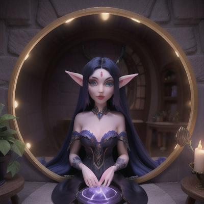 Image For Post Anime Art, Seductive enchantress, midnight blue hair and sultry pointed ears, within her moonlit lair