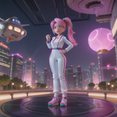 Image For Post Anime Art, Hopeful time traveler, rose pink hair in side ponytail, in a busy futuristic metropolis