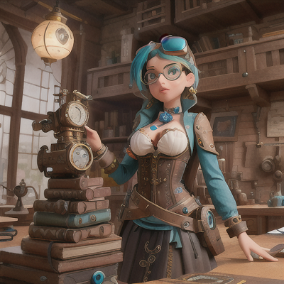 Image For Post Anime Art, Inventive gadgeteer, messy teal hair and goggles perched on her forehead, in a steampunk-inspired workshop