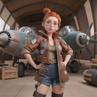 Image For Post Anime Art, Rogue airplane mechanic, red hair tied in a low bun, working in a sprawling airplane hangar