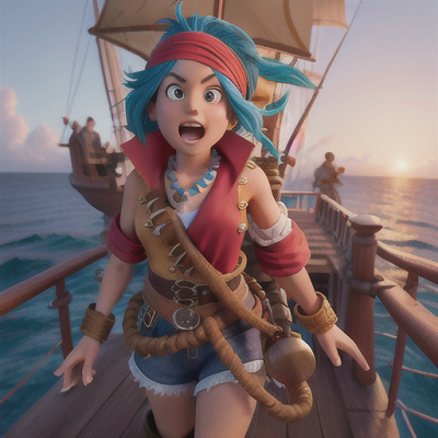 Image For Post Anime Art, Adventurous pirate captain, yellow and blue hair tied up in a bandana, aboard a pirate ship