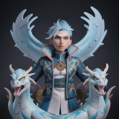 Image For Post Anime Art, Enigmatic warrior, icy blue hair and piercing white eyes, surrounded by majestic dragons