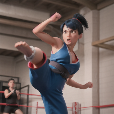 Image For Post Anime Art, Skilled martial artist, short blue hair tied in a ponytail, in an underground fighting arena