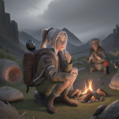Image For Post | Anime, manga, Weary time traveler, silver hair in a messy ponytail, resting by a campfire in a prehistoric setting, tending to his futuristic time-travel backpack, surrounded by curious dinosaurs, minimalistic attire with a jacket, richly textured and atmospheric image, a juxtaposition of themes and moods - [AI Art, Anime Scenes with Backpacks ](https://hero.page/examples/anime-scenes-with-backpacks-stable-diffusion-prompt-library)