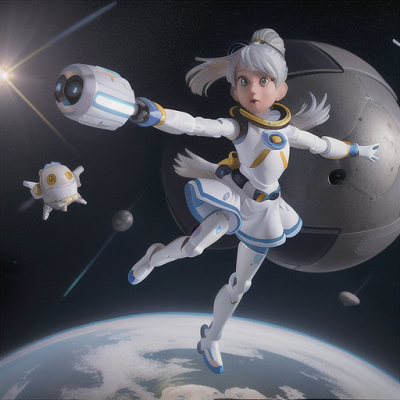 Image For Post Anime Art, Fearless stellar explorer, shimmering silver hair in a high ponytail, surrounded by floating space debris