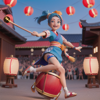 Image For Post Anime Art, Talented taiko drummer, electric blue hair in a high ponytail, during a lively matsuri festival