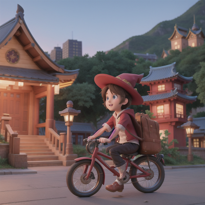 Image For Post Anime, city, temple, wizard's hat, musician, bicycle, HD, 4K, AI Generated Art
