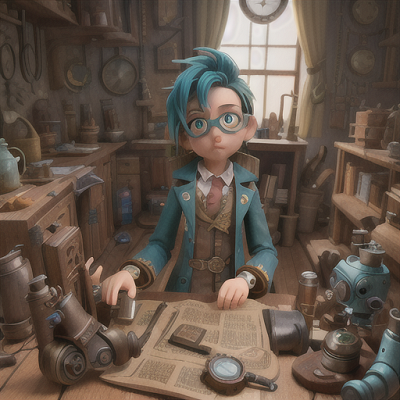 Image For Post Anime Art, Sleepy steampunk inventor, messy teal hair and mechanical goggles, in a cluttered workshop