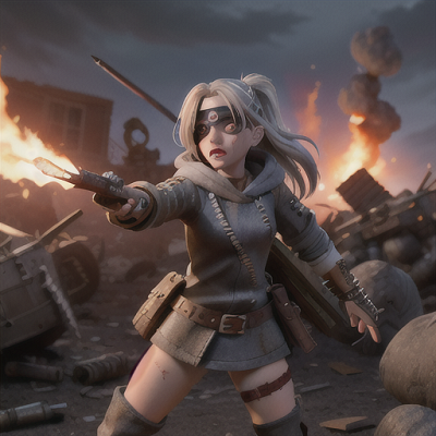 Image For Post Anime Art, Battle-hardened warrior, flowing silver hair and an eyepatch, in the midst of a chaotic battlefield
