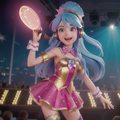 Image For Post Anime Art, Charming pop idol, long blue hair adorned with a star-patterned bandana, on a vividly illuminated stage