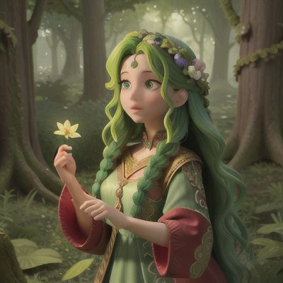 Image For Post Anime Art, Nature-loving mage, forest green hair with flowers braided in, at the heart of an enchanted forest