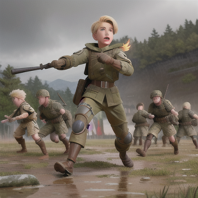 Image For Post Anime Art, Unwavering soldier, muscular build and short blonde hair, on a rain-soaked battlefield