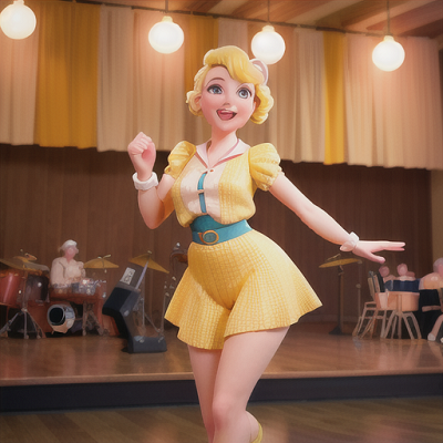 Image For Post Anime Art, Upbeat swing dancer, pastel yellow hair with a victory roll, in a 1940s-inspired dance hall