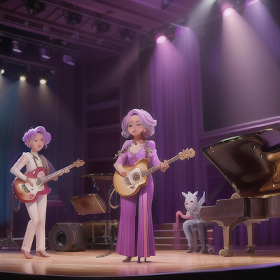 Image For Post Anime Art, Soulful musician, lilac hair styled with musical notes, on a picturesque stage beneath a spotlight