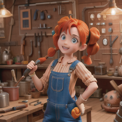 Image For Post Anime Art, Playful inventor, bright copper hair in asymmetrical pigtails, in a chaotic and steam-powered workshop
