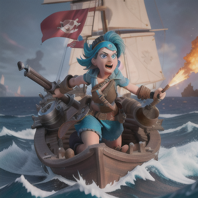 Image For Post Anime Art, Fearless pirate captain, radiant aquamarine hair swept up in a bandana, atop a battle-worn ship