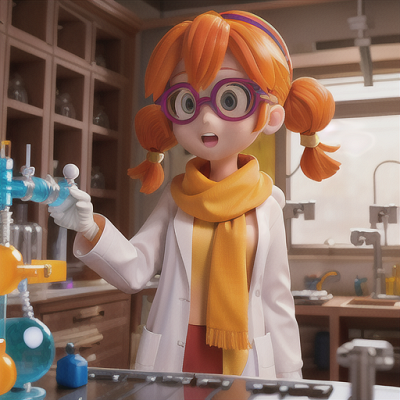 Image For Post Anime Art, Bright-eyed scientist girl, orange hair in pigtails with goggles, in a high-tech laboratory