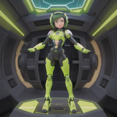 Image For Post Anime Art, Powerful mecha pilot, short green hair and a cybernetic eyepiece, in the cockpit of a giant robot