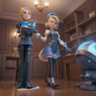 Image For Post Anime Art, Android maid, blonde hair with electric-blue highlights, a futuristic Victorian-style mansion