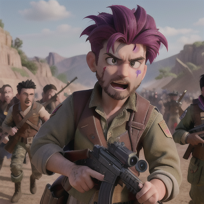 Image For Post Anime Art, Bold rebel leader, spiky violet hair and a scar across the cheek, amidst a sprawling resistance encampment