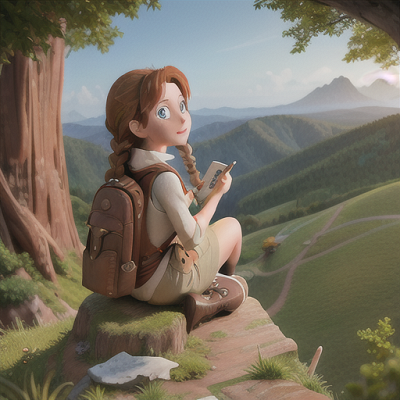 Image For Post Anime Art, Seasoned traveler, chestnut hair in a messy braid, atop a scenic mountain viewpoint