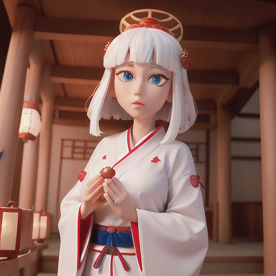 Image For Post Anime Art, Solemn priestess, white hair and kind blue eyes, inside a tranquil Shinto shrine