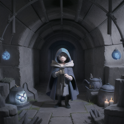 Image For Post Anime Art, Enigmatic mage, wispy blue hair and a half-mask hiding one eye, in an underground lair