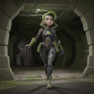 Image For Post Anime Art, Stealthy infiltrator, green hair with jagged edges, in a vast underground bunker