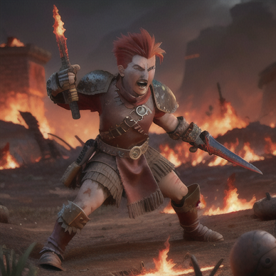 Image For Post Anime Art, Tyrannical warlord, fiery red hair and a fierce scarred face, on a desolate battlefield