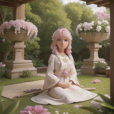 Image For Post Anime Art, Gentle healer, soft pink hair with decorative flowers, in a peaceful temple garden